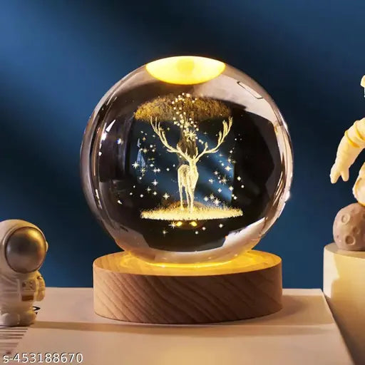 Glass Lamp 3D Ball Astronomy Night Lamp with Base for Living Room Ornament Solar System Fantasy Decoration LED Colorful Lighting Touch Base Moon Light (Deer)
